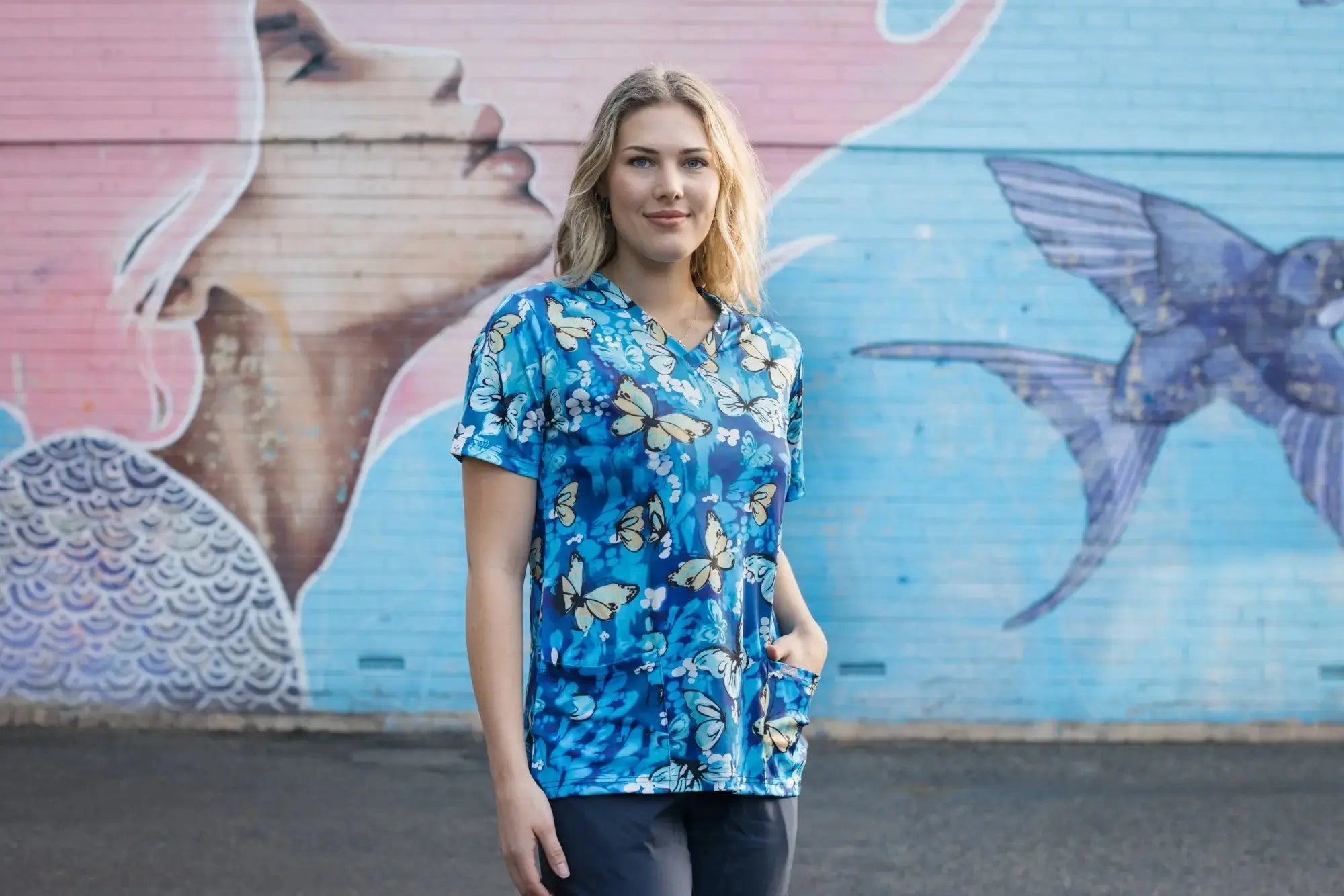 Softies Women's Butterfly Park Slim Fit Fun Scrub Top BPOT01 Simply Scrubs Australia